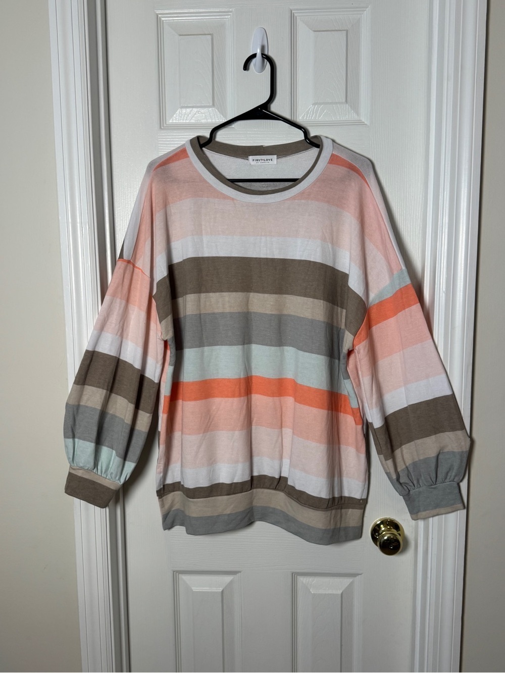 First Love by Lovelyn Pastel Striped Balloon Sleeve Sweater Large Lightweight